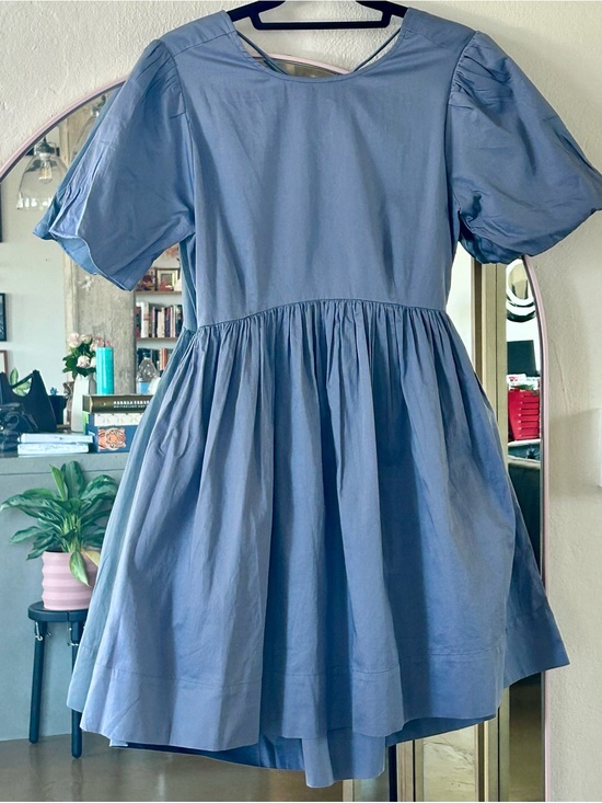 OAK + FORT Dresses & Skirts - Oak + Fort Puff Sleeve Lace Up Cotton Mini Dress in Blue, sz S, NWT